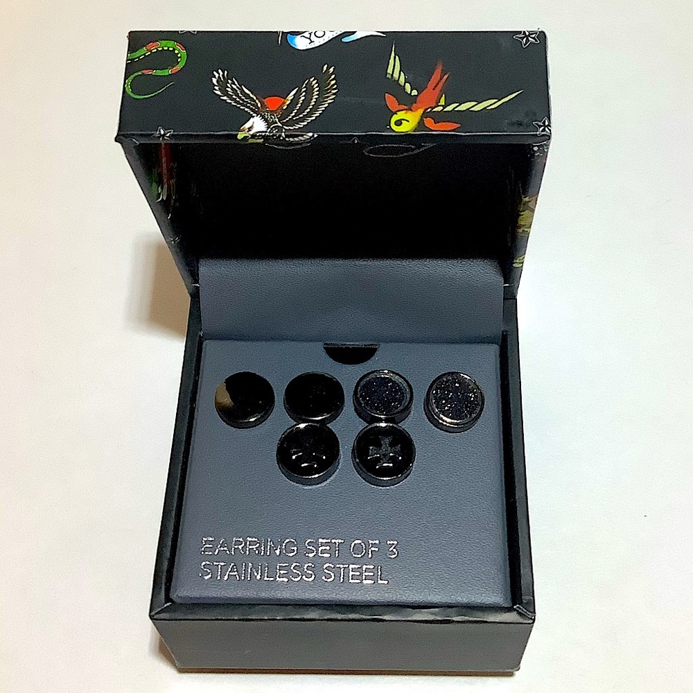 Ed Hardy Men’s Stud Earrings Set Of 3 New In Box
